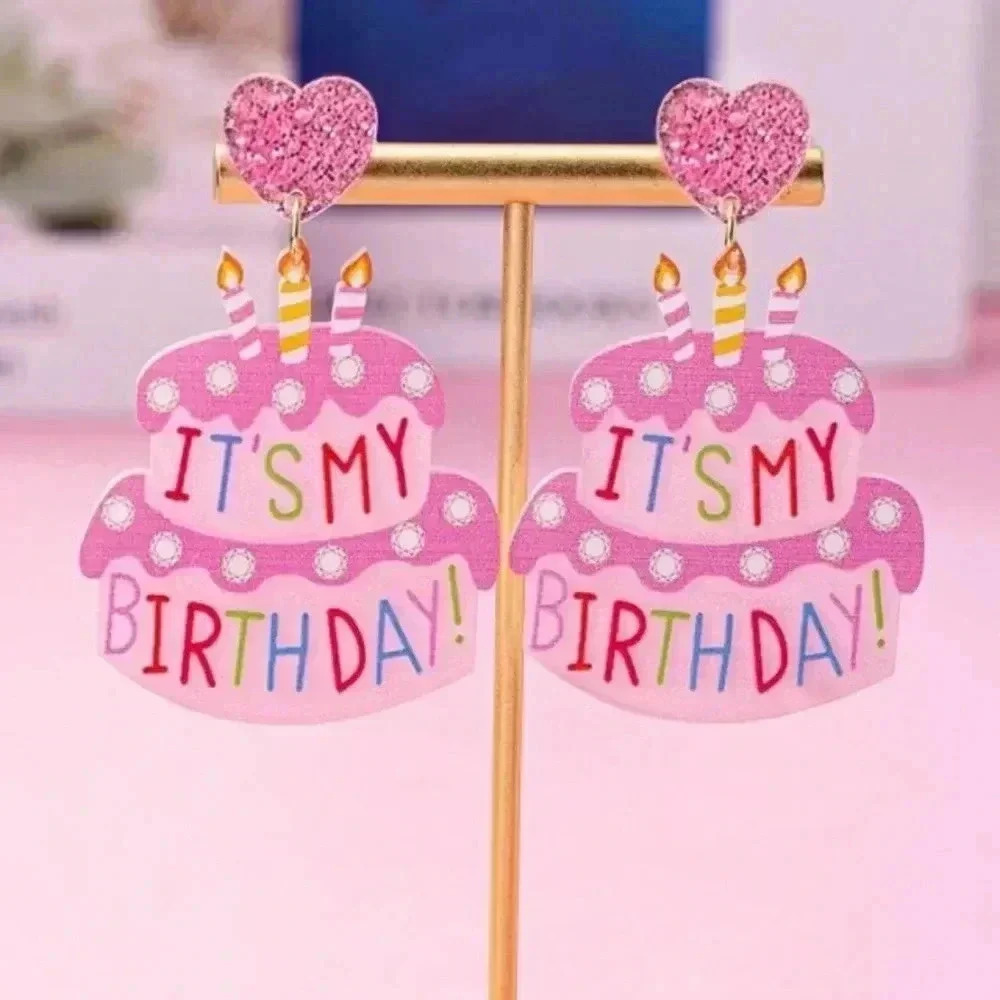 Ladies multicolored pink cake candle birthday dangle earrings casual